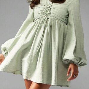 MISSGUIDED Long Sleeve Empire Waist Mini Dress Corset Style Ruched Front Party